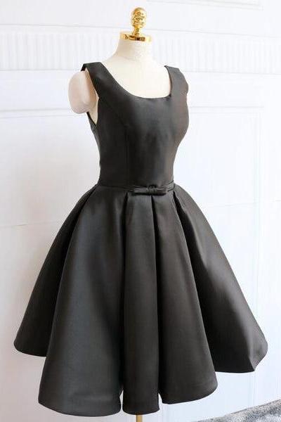 Black Satin Knee Length Party Dress, Black Backless Evening Dress C0037