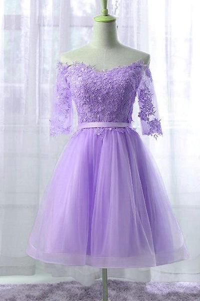 Beautiful Light Purple Tulle Short Sleeves Party Dresses, Knee Length Homecoming Dress C0043