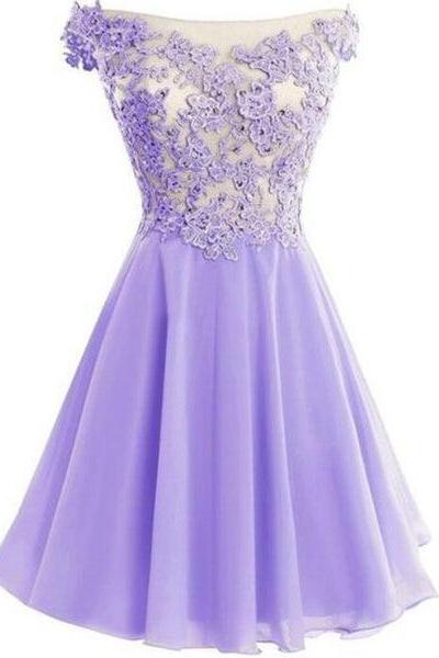Lavender Chiffon Cap Sleeve Off Shoulder Short Party Dress, Lovely Formal Dress C0044