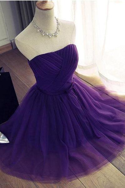 Dark Purple Cute Tulle Knee Length Formal Dress, Simple Prom Dresses C0046