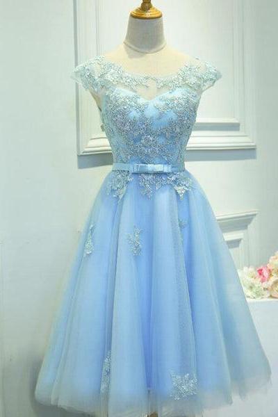 Light Blue Cap Sleeves Tea Length Vintage Style Formal Dress, Blue Homecoming Dresses C0053