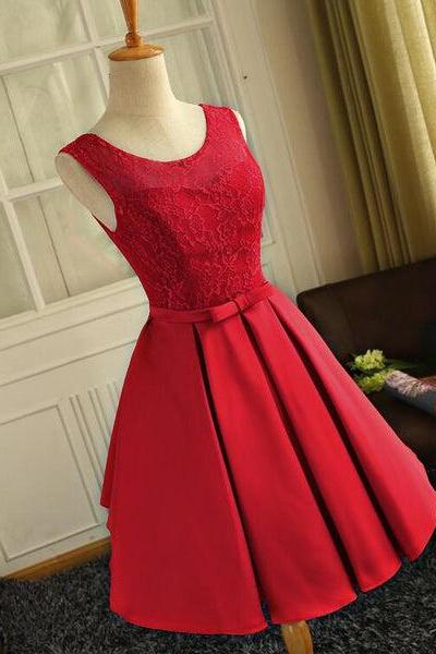 Cute Red Satin Round Neckline Party Dresses, Satin Homecoming Dresses, Short Prom Dress C0055