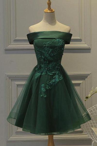 Green Tulle And Satin Lovely Short Party Dress, Off Shoulder Party Dress Formal Dresses C0057