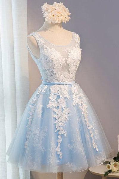 Blue Simple Tulle Homecoming Dress Lace Applique, Baby Blue Sash Backless A Line Knee Length Formal Dress C0060