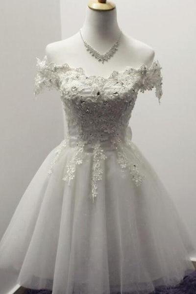 Gorgeous White Off Shoulder Tulle Lace And Beaded Homecoming Dresses, Cute Party Dress C0062