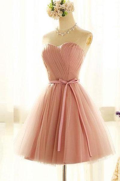 Lovely Sweetheart Short Party Dress, Pink Cute Teen Party Dress With Belt, Wedding Party Dresses C0064