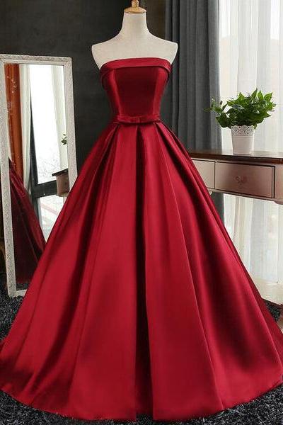 Wine Red Satin Long Party Gowns, Wine Red Formal Gowns, Junior Prom Dress C0065