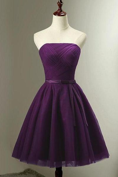 Cute Dark Purple Tulle Short Bridesmaid Dress, Tulle Party Dress, Short Formal Dress C067