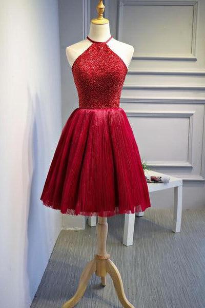 Red Halter Beaded Short Party Dress, Beaded And Sequined Party Dress, Homecoming Dresses C068