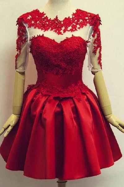 Red Short Sleeves Satin And Applique Homecoming Dresses, Red Short Prom Dresses, Formal Dress C074