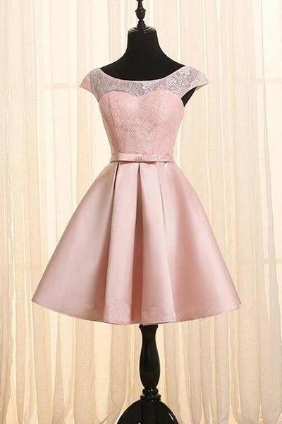Pink Homecoming Dresses, Satin And Lace Lovely Dress With Belt, Cute Party Dresses C075