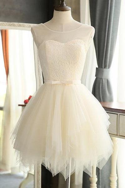 Lovely Light Champagne Short Tulle Party Dress, Cute Prom Dress, Homecoming Dress For Teens C076