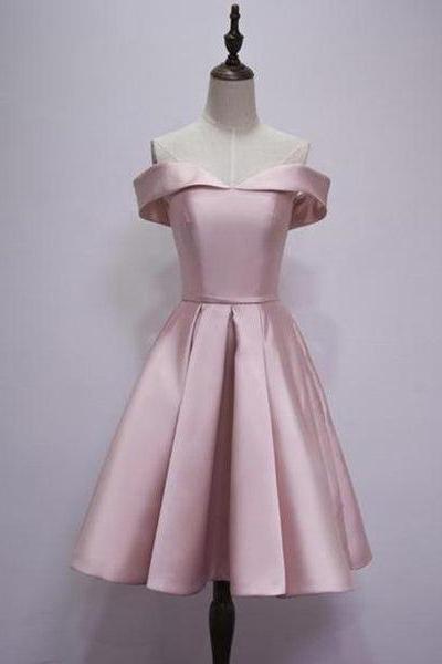 Pink Off Shoulder Knee Length Homecoming Dresses, Pink Short Party Dress, Short Formal Dresses C078
