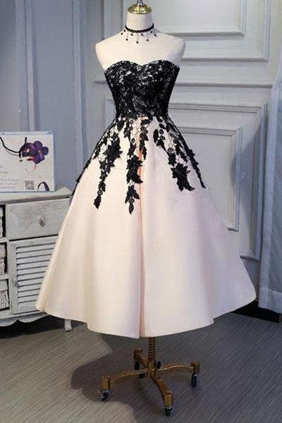 Tea Length Satin With Lace Vintage Prom Dress , Ball Gown, Elegant Formal Dresses C079