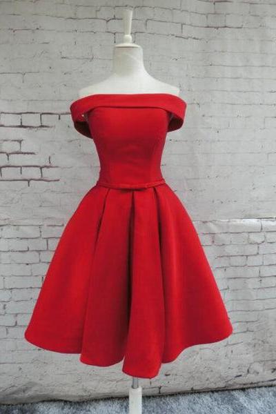 Red Satin Homecoming Dresses, Off Shoulder Party Dress, Knee Length Prom Dress C080
