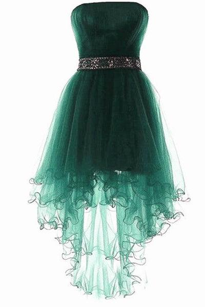 Green Tulle Beaded High Low Scoop Party Dress, Green Short Prom Dresses C084