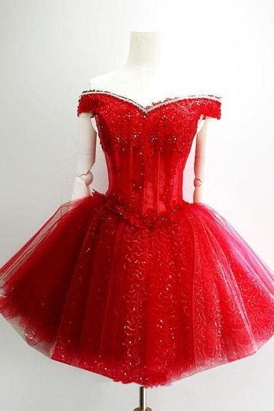Red Sweetheart Shiny Tulle Off Shoulder Short Homecoming Dress, Red Party Dress C091