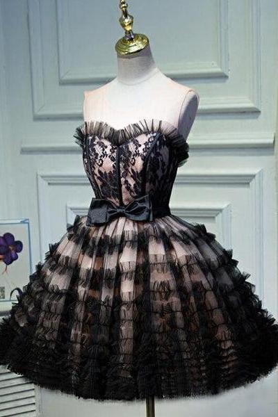 Lovely Pink And Black Short Party Dress With Bow, Cute Black Homecoming Dresses C092