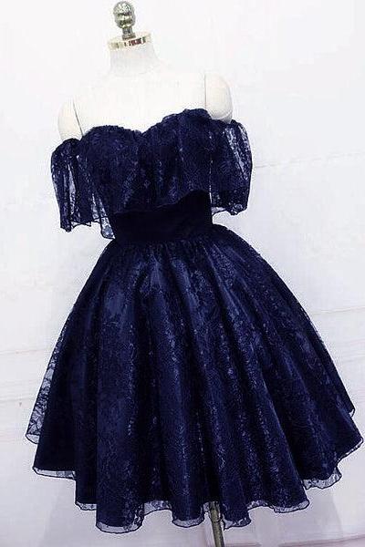Navy Blue Lace Short Off Shoulder Prom Dress Party Dress, Blue Lace Homecoming Dresses C093