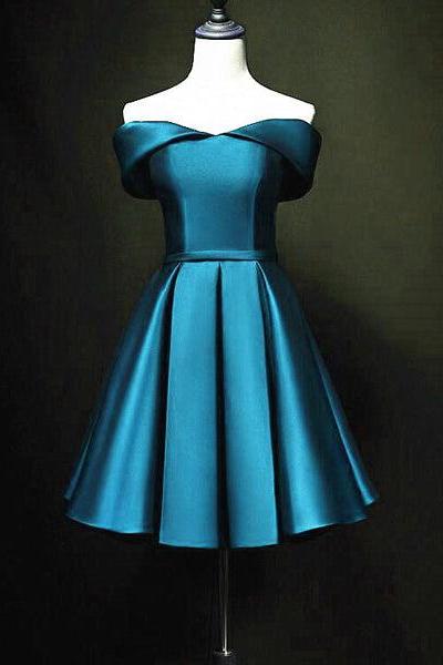 Blue Satin Cute Knee Length Short Prom Dress Homecoming Dress, Off Shoulder Formal Dress C094
