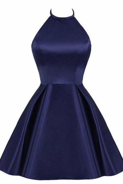 Navy Blue Cute Halter Satin Short Homecoming Dress, Blue Prom Dress Party Dress C096
