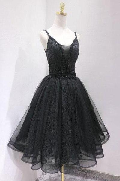 Black Tulle And Beaded Knee Length Straps Homecoming Dress, Black Short Prom Dresses C099
