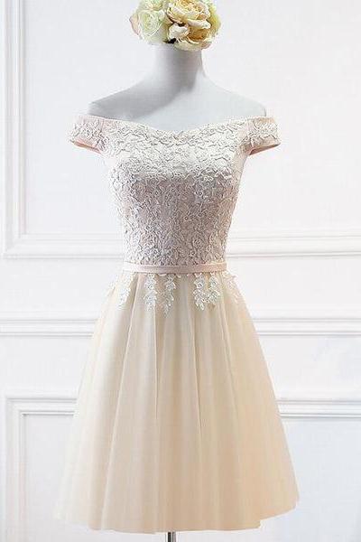 Champagne Lace Applique Off Shoulder Tulle Party Dress Homecoming Dress, Tulle Short Prom Dress C105