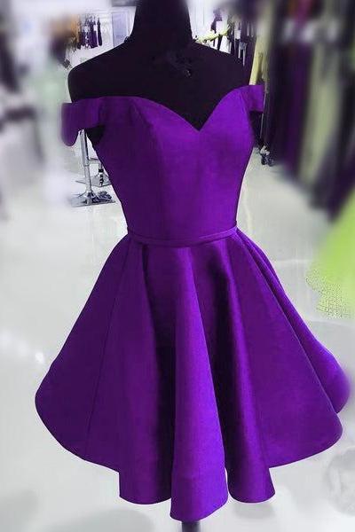 Purple Satin Off Shoulder Short Cute Homecoming Dress, Purple Prom Dress Party Dress C110