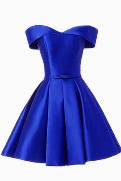 Simple Satin Off Shoulder Short Party Dress, Blue Homecoming Dress Prom Dress C113