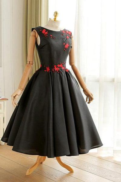 Black Vintage Style Tea Length Wedding Party Dress, Black Prom Dress Short Formal Dress D001