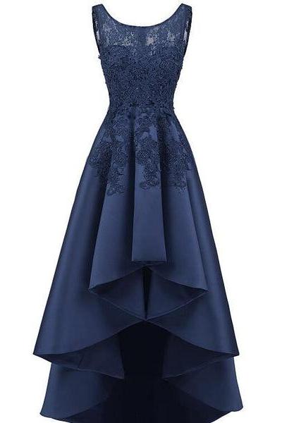 Navy Blue Lace Beaded Wedding Party Dresses, High Low Bridesmaid Gowns Formal D002