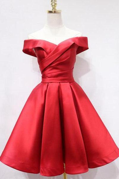 Red Satin Off Shoulder Short Party Dress, Red Homecoming Dress Prom Dress D006