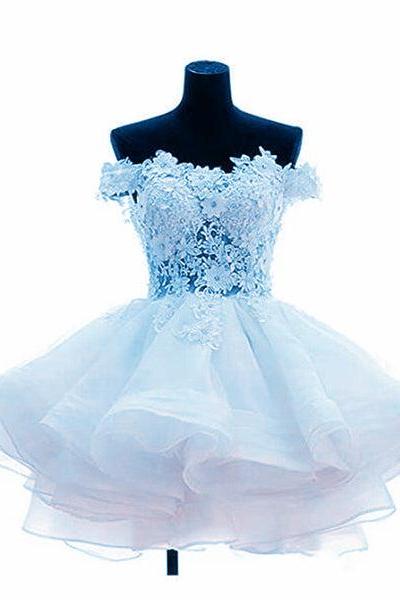Light Blue Layers Organza Party Dress With Lace, Off Shoulder Short Prom Dress D009