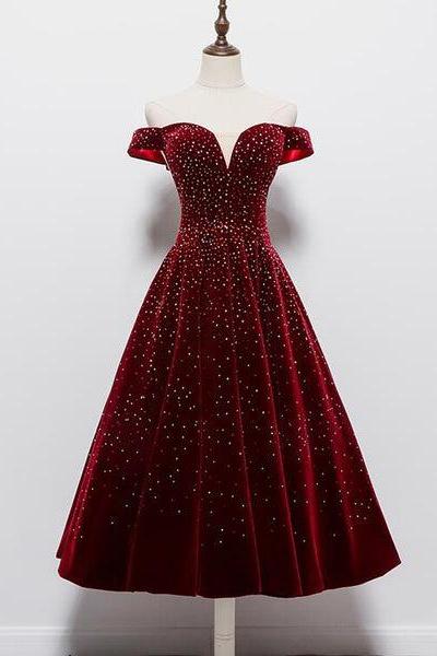 Beautiful Wine Red Tea Length Sweetheart Party Dress, Velvet Bridesmaid Dress Prom Dress D011