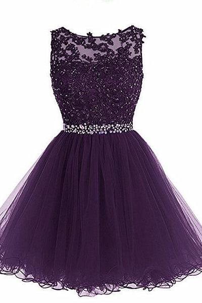 Lovely Tulle Short Homecoming Dress With Beadings,lace Applique Formal Dress D017