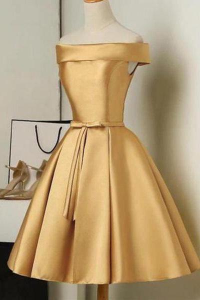 Cute Golden Satin Knee Length Off Shoulder Prom Dress, Short Homecoming Dress D020