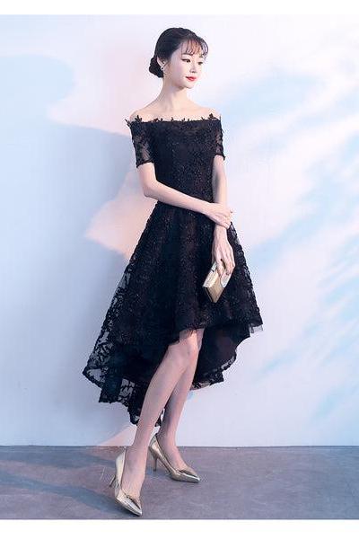Lovely Black Lace Off Shoulder Bridesmaid Dress, Lace Off Shoulder Black Party Dress D021