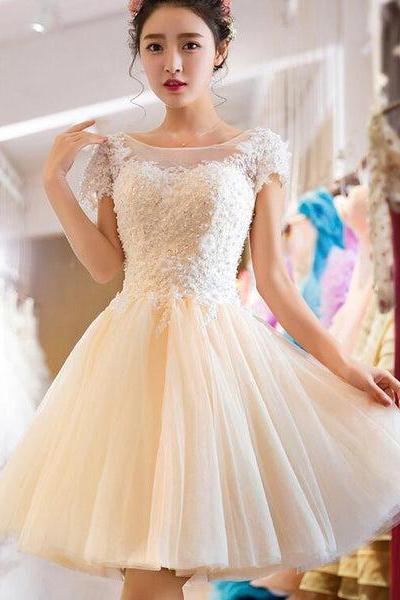 Light Champagne Tulle Short Party Dress, Lace Applique With Beadings Homecoming Dress D022