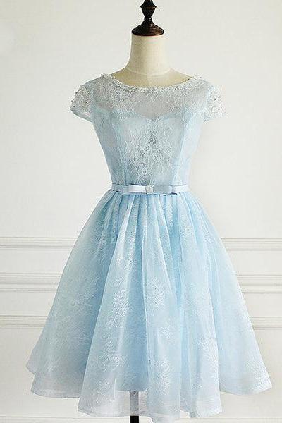 Light Blue Lace Cap Sleeves Cute Short Party Dress, Blue Homecoming Dress D025