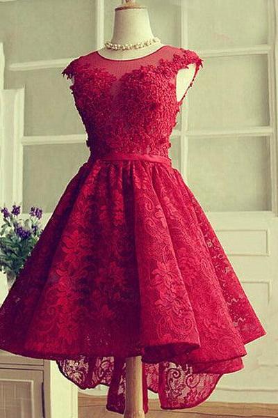 Fashionable Wine Red Lace High Low Party Dress, Lace Homecoming Dress D029