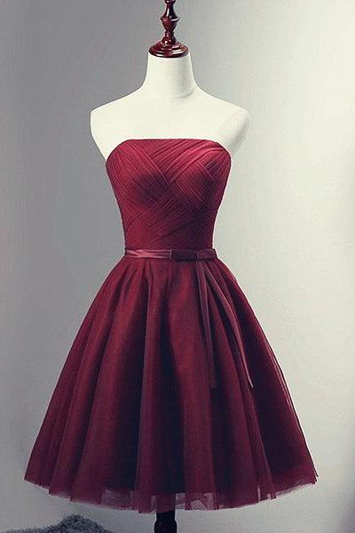 Beautiful Strapless Simple Wine Red Tulle Short Party Dress, Knee Length Prom Dress D030