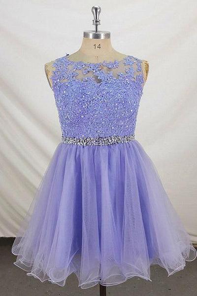 Lovely Lavender Beading Tulle Short Handmade Party Dress, Knee Length Homecoming Dress D033