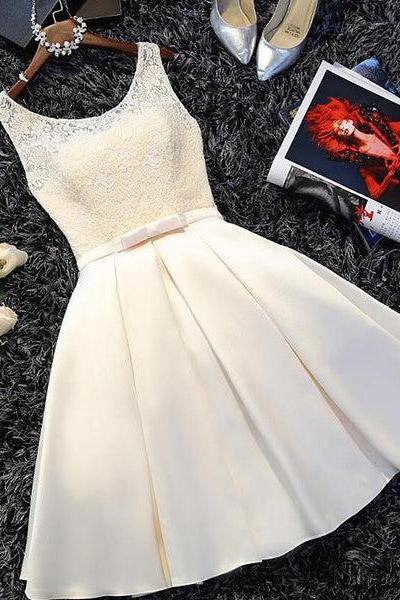 Ivory Satin Lace Round Neckline Knee Length Party Dress, Short Prom Dress D036