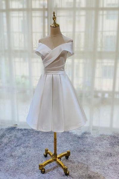White Simple Satin Off Shoulder Knee Length Party Formal Dress, Graduation Dress Prom Dress D037
