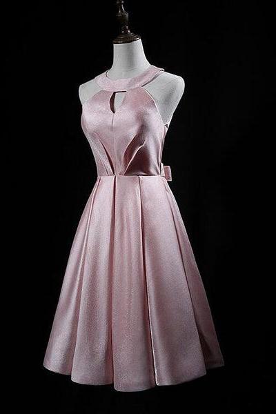 Pink Cute Short Satin Halter Homecoming Dress With Bow, Pink Prom Dress D039
