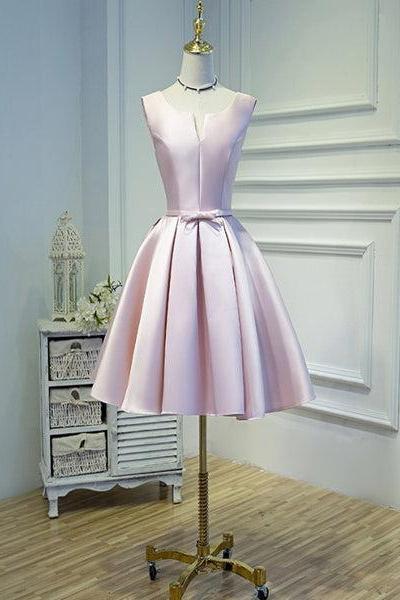 Pink Short Satin Knee Length Homecoming Dress, Pink Prom Dress D042