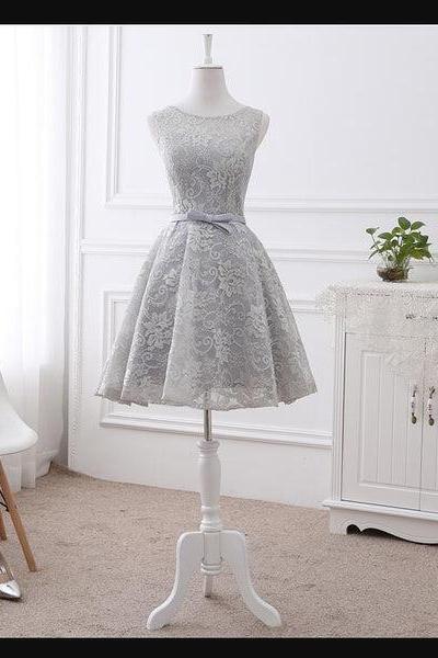 Custom Short Grey Lace Briesmaid Dress, Knee Length Homecoming Dress Short Prom Dress D046