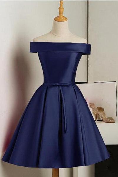 Custom Size Beautiful Navy Blue Satin Knee Length Homecoming Dress, Blue Short Prom Dress D047