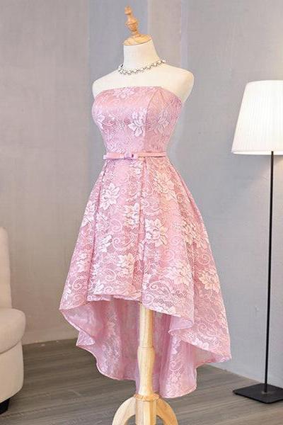 Custom Pink Cute High Low Lace Homecoming Dress, Cute Lace Short Prom Dress D048