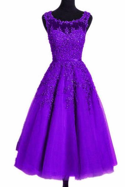 Beautiful Tea Length Purple Round Neckline Bridesmaid Dress, Lace Appplique Party Dress D054